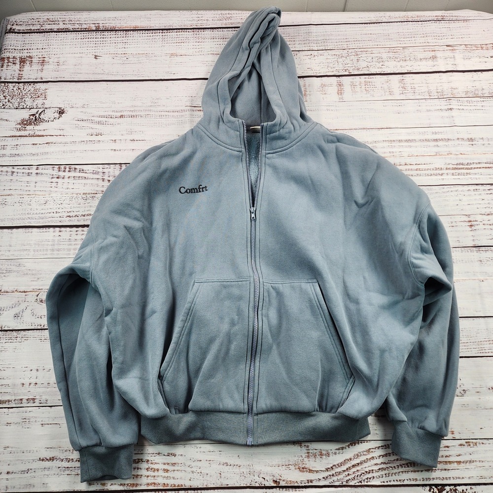Comfrt Full Zip Hoodie Unisex Medium Blue Gray Oversized Fleece Sweatshirt